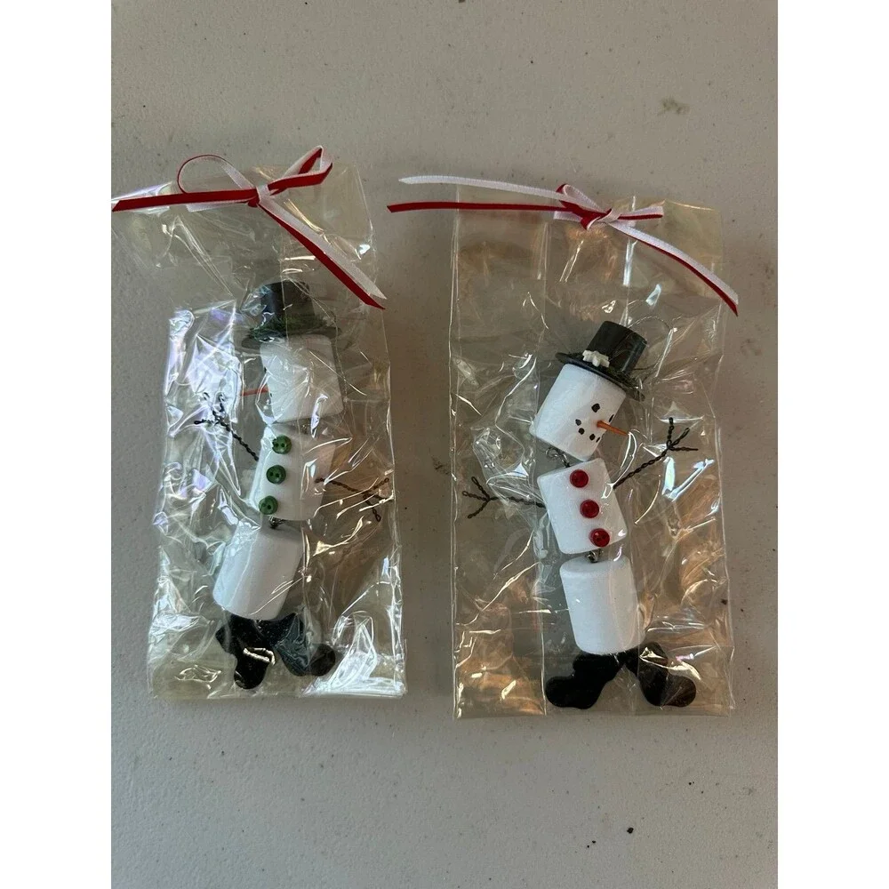 New Handmade Unique Craft Faux Marshmallow Snowman Christmas Ornament Set Of 2